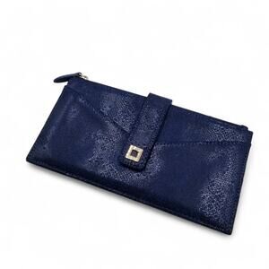 LODIS Snakeskin Embossed Suede Navy Blue Zip Top Slimline Wallet